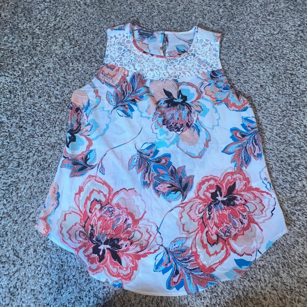 Van Heusen Womens Floral Lace Yoke Sleeveless Blouse Coral Blue White Medium